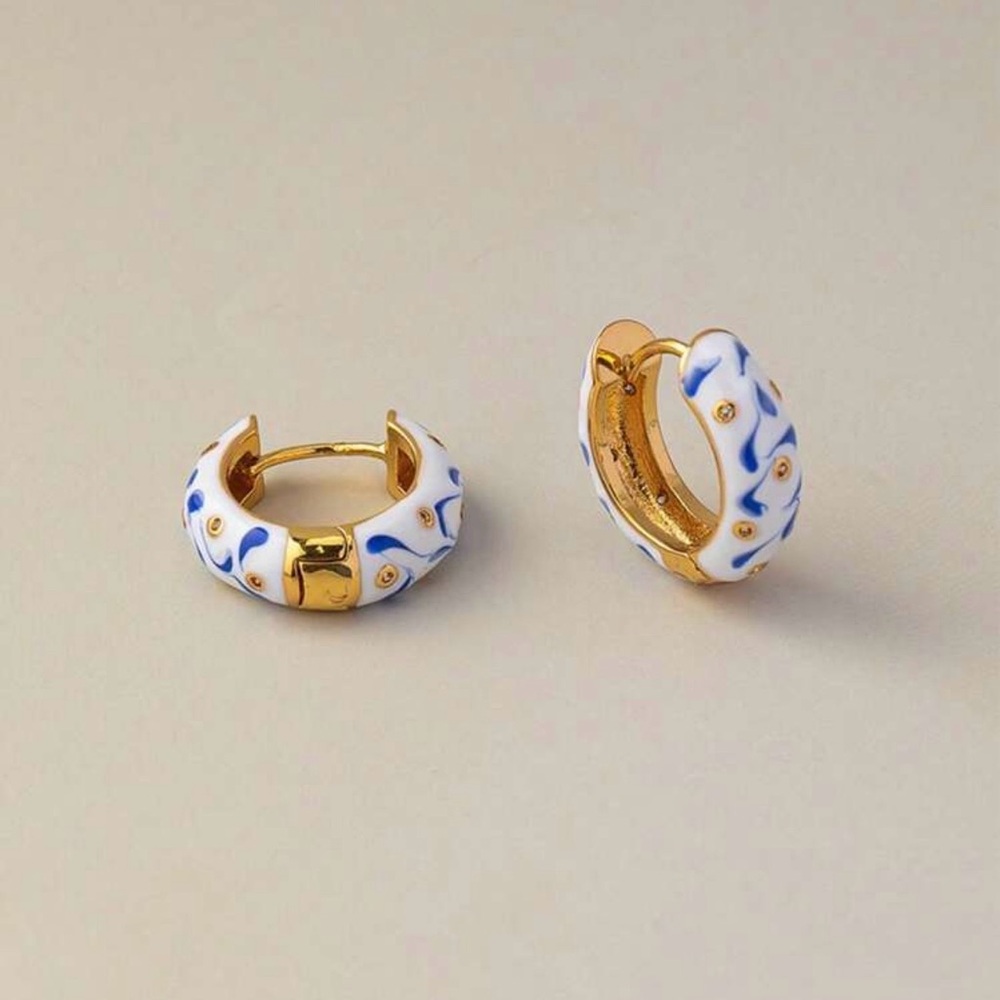 Gold-Plated White & Blue Enamel Hoop Earrings